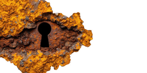 Rusty Keyhole Surrounded by Crusty Metal and Corroded Texture, Evoking Mystery and Hidden Secrets in Weathered Surface