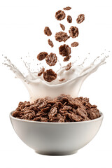 Chocolate Cereal with Milk Splash in White Bowl on Transparent Background