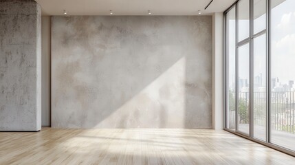 Large empty room with a white wall and wooden floors