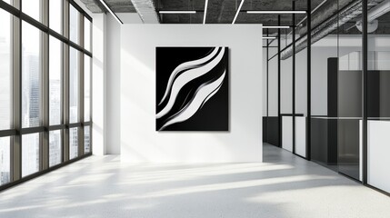 Black and white painting hangs on a white wall