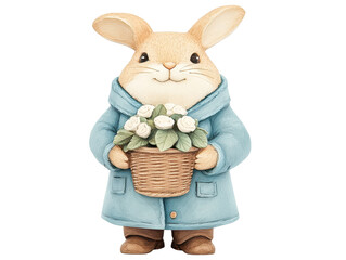 Adorable cartoon rabbit holding a basket of flowers while wearing a blue coat, perfect for spring and Easter decorations, joyful atmosphere