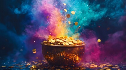 Golden coins overflowing a bowl amidst colorful smoke
