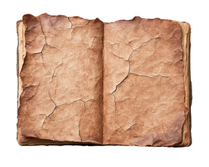 Old weathered open book with cracked pages showing aged paper texture and antique design for historical and vintage themes