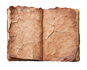 Old weathered open book with cracked pages showing aged paper texture and antique design for historical and vintage themes