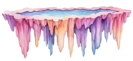 Suspended Water Pool Surrounded by Colorful Ice Formations in Dreamlike Fantasy Landscape Illustration