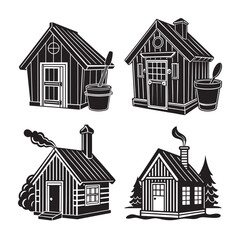 silhouette- finish sauna hut with bucket and ladle bundle on the white background