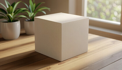 Modern 3D retail box mockup – matte cube packaging on wooden table with warm natural lighting 