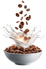 Chocolate Cereal with Milk Splash in White Bowl on Transparent Background