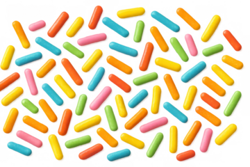 Colorful candy sprinkles falling against a transparent background, creating a vibrant and festive backdrop for confectionery projects