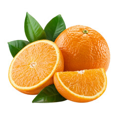 Fresh oranges and slices with green leaves isolated on transparent background