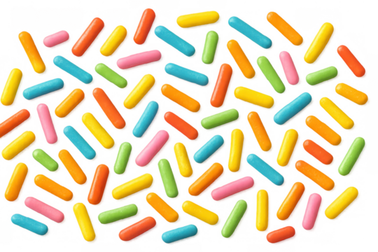 Colorful candy sprinkles falling against a transparent background, creating a vibrant and festive backdrop for confectionery projects