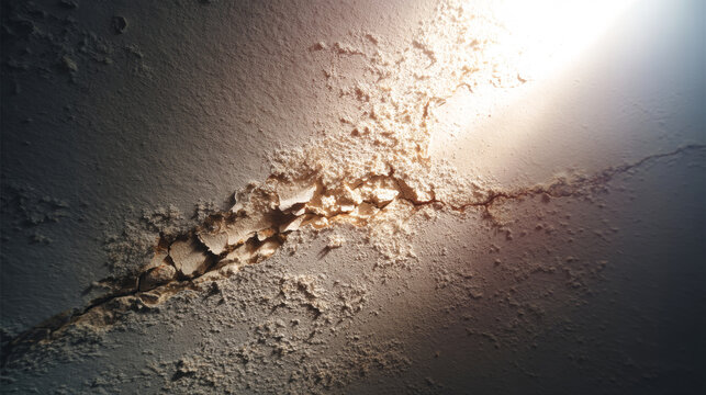 Close-up view of peeling popcorn ceiling revealing old plaster underneath with lens flare effect and ample copyspace