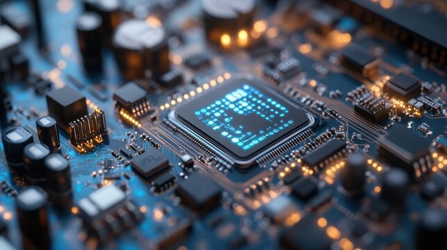 A stunning close-up view of a modern microchip situated on a detailed circuit board, showcasing intricate electronic components and glowing connections that symbolize innovation and technology.