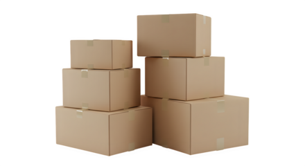 Stack of Brown Cardboard Boxes Sealed with Tape isolated on transparent background