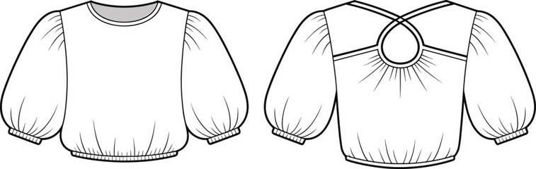 Puff sleeve blouse flat sketch, front and back view fashion illustration, round neck top design, stylish women clothing template, editable vector garment drawing