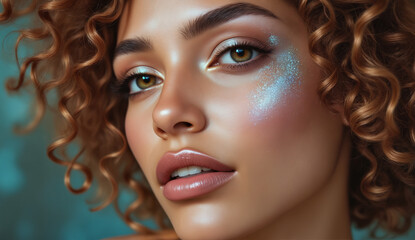 Obraz premium Beauty Portrait of Young Woman with Curly Hair and Glitter Makeup - Close-up Face with Sparkling Skin for Cosmetic Advertising, Fashion Photography, and Beauty Industry Content