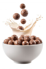 Chocolate Cereal with Milk Splash in White Bowl on Transparent Background