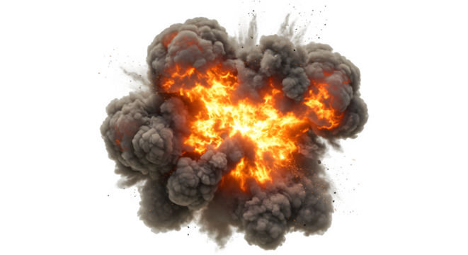 Fiery Explosion with Dense Smoke Cloud, Intense Heat isolated on transparent background
