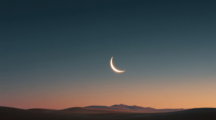 Mystical crescent moon illuminating desert dunes at twilight with Kaaba silhouette reflecting spiritual atmosphere of Isra and Miraj