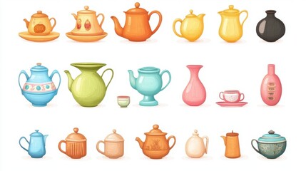 This image features a vibrant collection of vintage teapots and decorative pitchers in various styles and colors, perfect for enhancing kitchen decor.