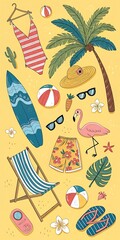 Summer Beach Vacation Items Illustration Yellow Background