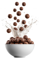 Chocolate Cereal with Milk Splash in White Bowl on Transparent Background