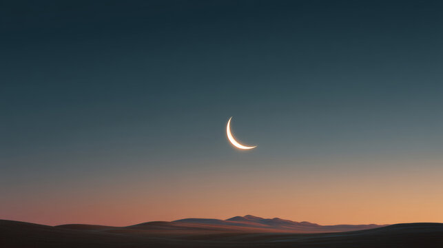 Mystical crescent moon illuminating desert dunes at twilight with Kaaba silhouette reflecting spiritual atmosphere of Isra and Miraj