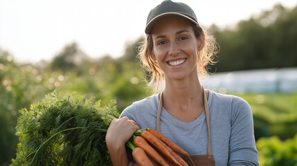 Smiling female gardener holds freshly harvested carrots in a vibrant community garden during sunny outdoor work