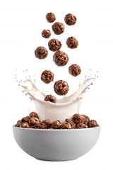 Chocolate Cereal with Milk Splash in White Bowl on Transparent Background