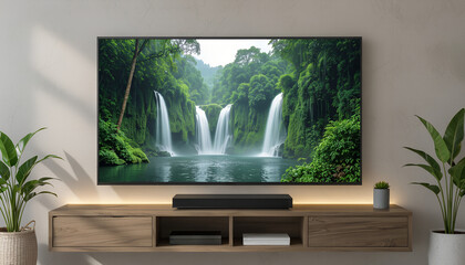Modern 3D TV mockup displaying tropical rainforest scene on floating shelf – luxurious immersive home entertainment 