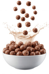 Chocolate Cereal with Milk Splash in White Bowl on Transparent Background