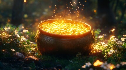 Golden Pot Of Coins In A Magical Forest Setting