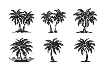 silhouette beach palm tree bundle on the white background 
