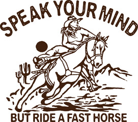 vintage cowgirl design riding a horse at full speed