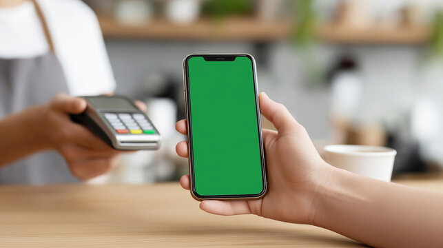 Customer making contactless payment with smartphone in coffee shop during busy morning hours