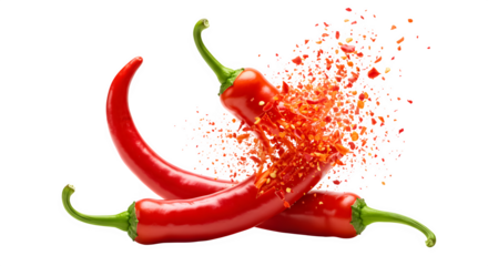 Three vibrant red chili peppers with one exploding into flakes on black isolated on transparent background