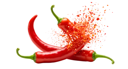 Keuken achterwand Hete pepers Three vibrant red chili peppers with one exploding into flakes on black isolated on transparent background  © Design