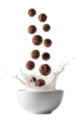 Chocolate Cereal with Milk Splash in White Bowl on Transparent Background