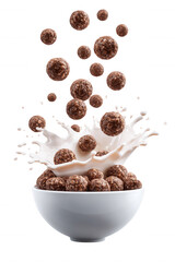 Chocolate Cereal with Milk Splash in White Bowl on Transparent Background