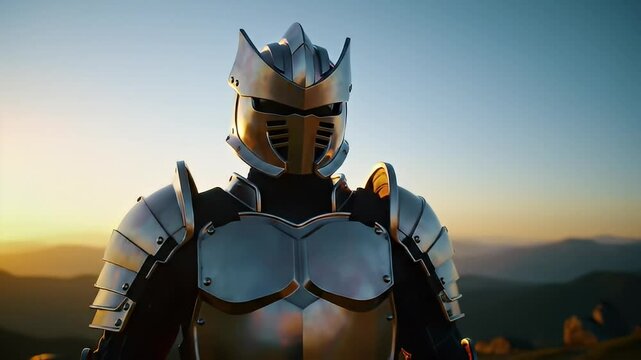 Armored figure with helmet stands against a landscape at sunset in warm light