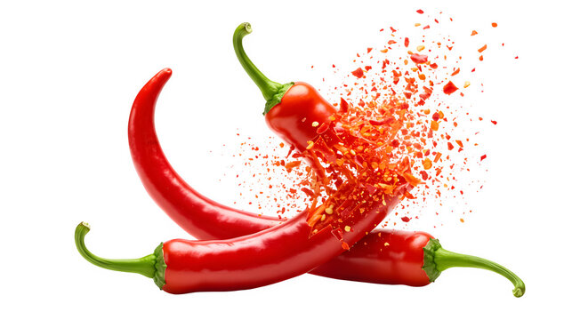 Three vibrant red chili peppers with one exploding into flakes on black isolated on transparent background