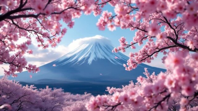 Beautiful sakura trees blooming with mount fuji against a bright blue sky