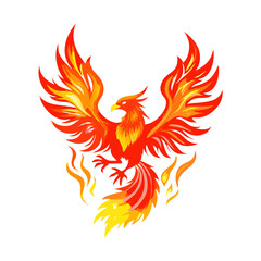 Fototapeta premium Phoenix Vector in Flames – Vibrant Red & Yellow Fire Bird Illustration, Mythical Winged Creature Clipart for Logos, Tattoos, Fantasy & Graphic Design