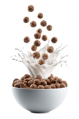 Chocolate Cereal with Milk Splash in White Bowl on Transparent Background