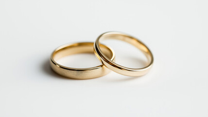 Intertwined gold wedding rings symbolizing love and unity on a minimalist white backdrop