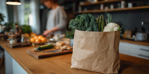 Groceries in Paper Bag with Fresh Vegetables on Kitchen Counter &mdash; Healthy Home Cooking Concept