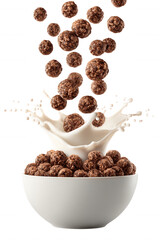 Chocolate Cereal with Milk Splash in White Bowl on Transparent Background