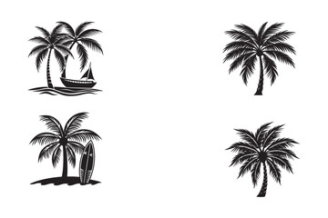 Fototapeta premium silhouette palm tree with beach chair nearby set bundle on the white background