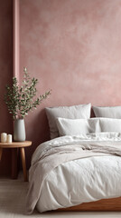 Elegant Minimalist Bedroom with Pink Wall Texture and Soft White Bedding
