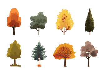 Autumn trees collection vector set with colorful fall foliage in flat cartoon style, seasonal nature illustrations in orange, yellow, brown, and green tones
